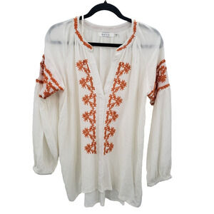 Ark N Co Boutique Peasant Blouse Womens Size Medium White Orange Embroidered Top